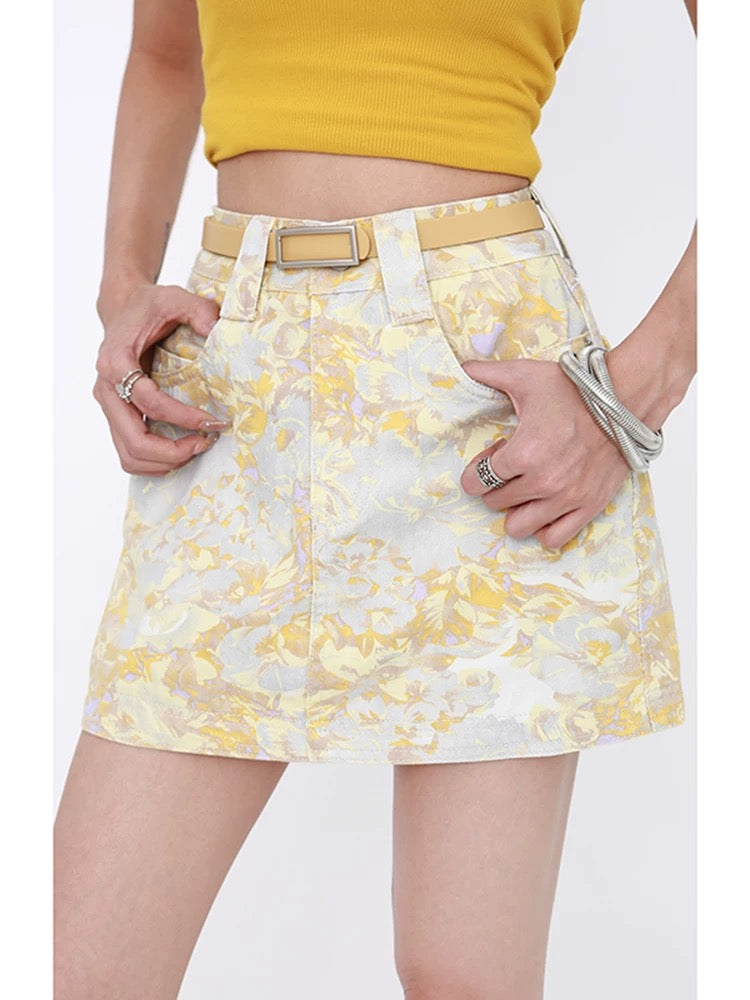 MZVZ Yellow Floral Tie-Dye Denim Skirt for Women, Summer Anti-Exposure High-Waisted A-Line Bodycon Mini Skirt