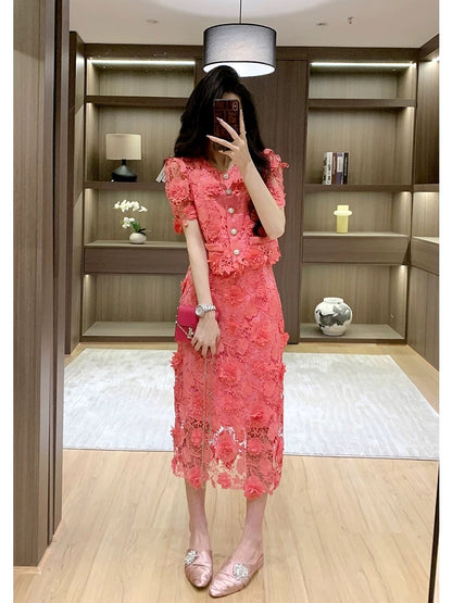 Very good-looking summer suit for women 2025 new summer age-reducing full set of lace skirt two-piece suit