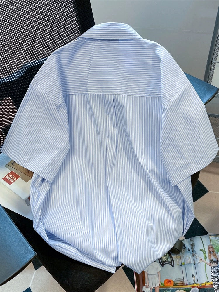 Retro Hong Kong chic blue striped embroidered shirt women's summer short-sleeved oversize lazy style niche top