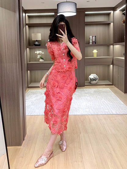 Very good-looking summer suit for women 2025 new summer age-reducing full set of lace skirt two-piece suit
