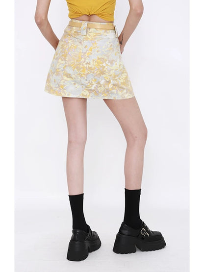 MZVZ Yellow Floral Tie-Dye Denim Skirt for Women, Summer Anti-Exposure High-Waisted A-Line Bodycon Mini Skirt