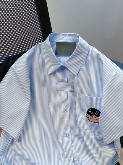 Retro Hong Kong chic blue striped embroidered shirt women's summer short-sleeved oversize lazy style niche top