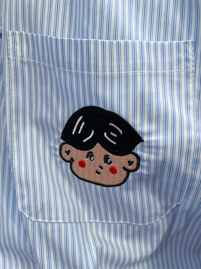 Retro Hong Kong chic blue striped embroidered shirt women's summer short-sleeved oversize lazy style niche top