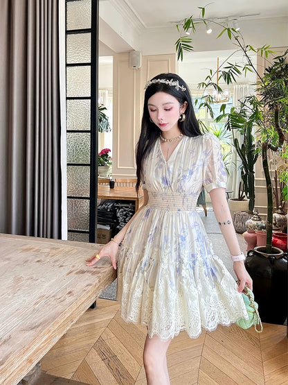 Summer women's clothing 2025 new A-line skirt this year's popular hot style waist lace splicing print dress