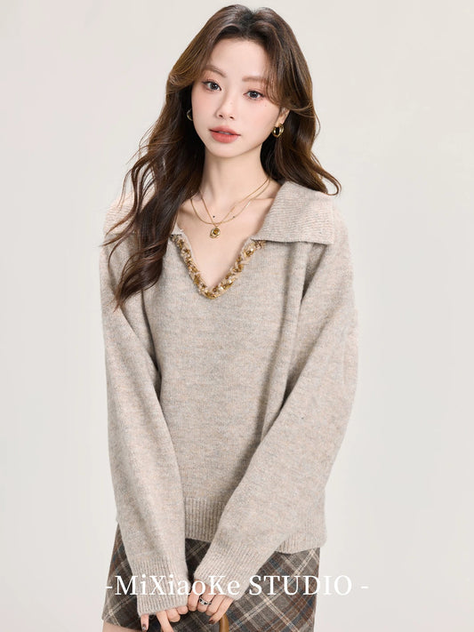 Mi Xiaoke French retro V-neck long-sleeved knitted sweater for women in autumn and winter lazy style high-end temperament top