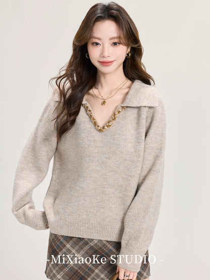 Mi Xiaoke French retro V-neck long-sleeved knitted sweater for women in autumn and winter lazy style high-end temperament top