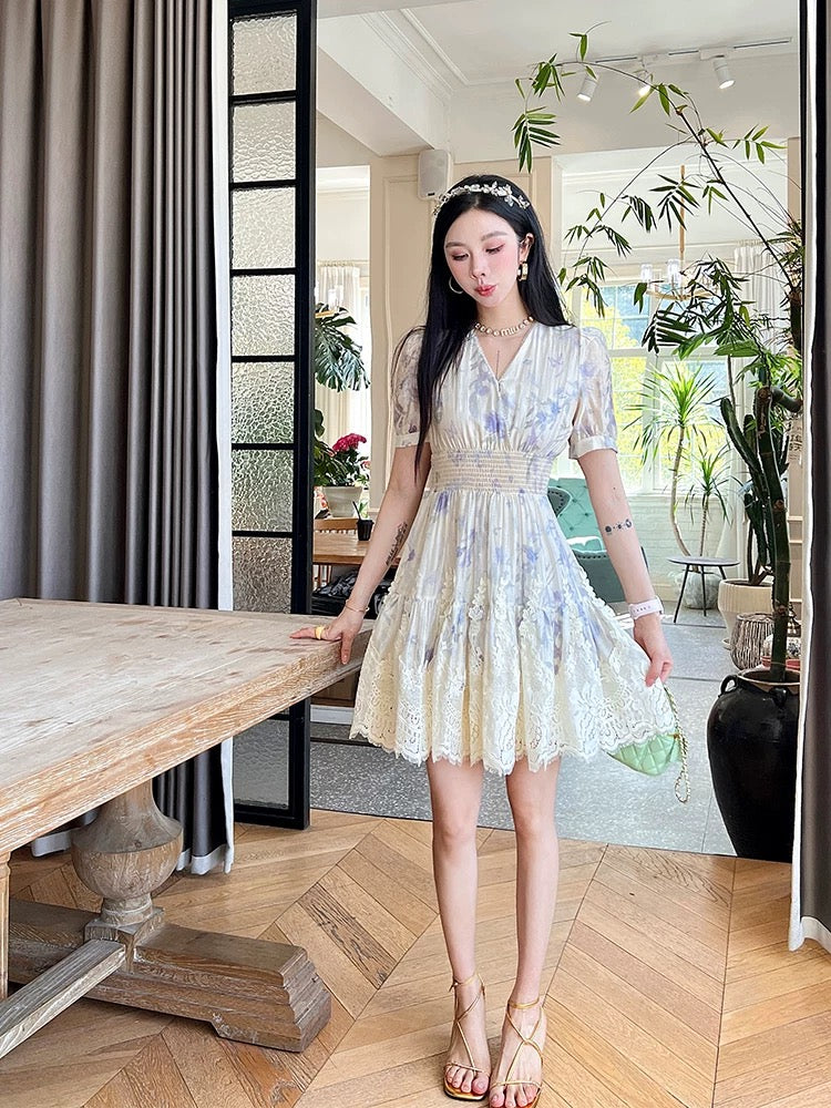 Summer women's clothing 2025 new A-line skirt this year's popular hot style waist lace splicing print dress