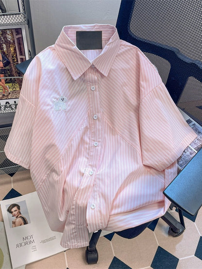 Japanese Hong Kong style retro puppy embroidered striped shirts for men and women summer high-end design short-sleeved tops for small people