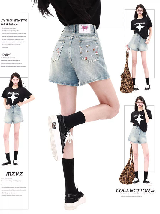 MZVZ Retro Floral Embroidered Denim Shorts for Women, Summer 2025 New Style, Slimming High-Waisted A-Line Wide-Leg Hot Pants