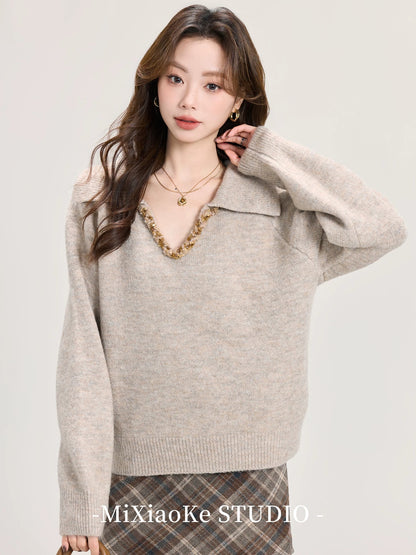 Mi Xiaoke French retro V-neck long-sleeved knitted sweater for women in autumn and winter lazy style high-end temperament top