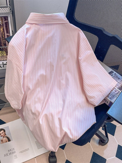 Japanese Hong Kong style retro puppy embroidered striped shirts for men and women summer high-end design short-sleeved tops for small people