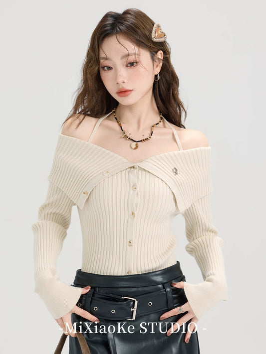 Mi Xiaoke one-shoulder halter neck knit sweater sweater women autumn 2025 new design off-shoulder small top