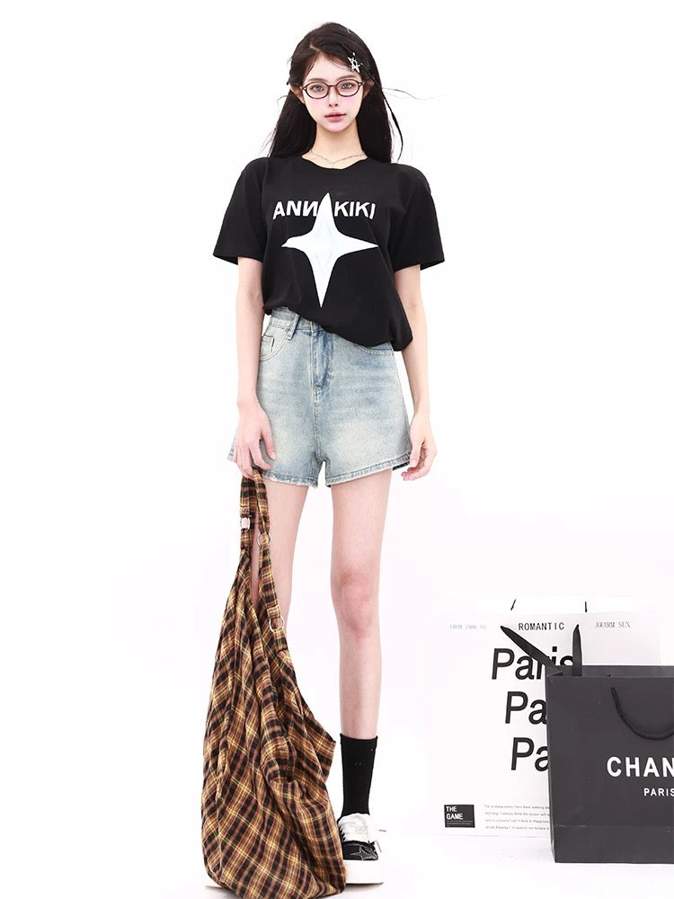 MZVZ Retro Floral Embroidered Denim Shorts for Women, Summer 2025 New Style, Slimming High-Waisted A-Line Wide-Leg Hot Pants
