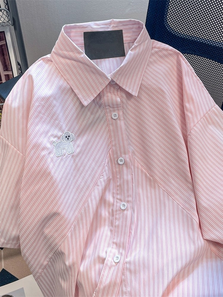 Japanese Hong Kong style retro puppy embroidered striped shirts for men and women summer high-end design short-sleeved tops for small people