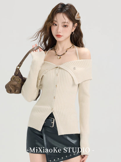 Mi Xiaoke one-shoulder halter neck knit sweater sweater women autumn 2025 new design off-shoulder small top