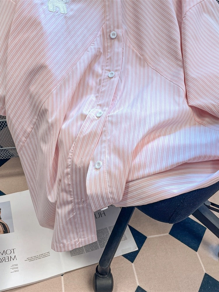 Japanese Hong Kong style retro puppy embroidered striped shirts for men and women summer high-end design short-sleeved tops for small people