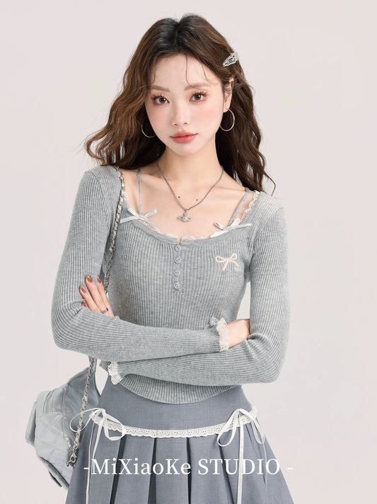 Mi Xiaoke sweet hot girl square collar sweater female autumn design niche slim fit long sleeve top small size