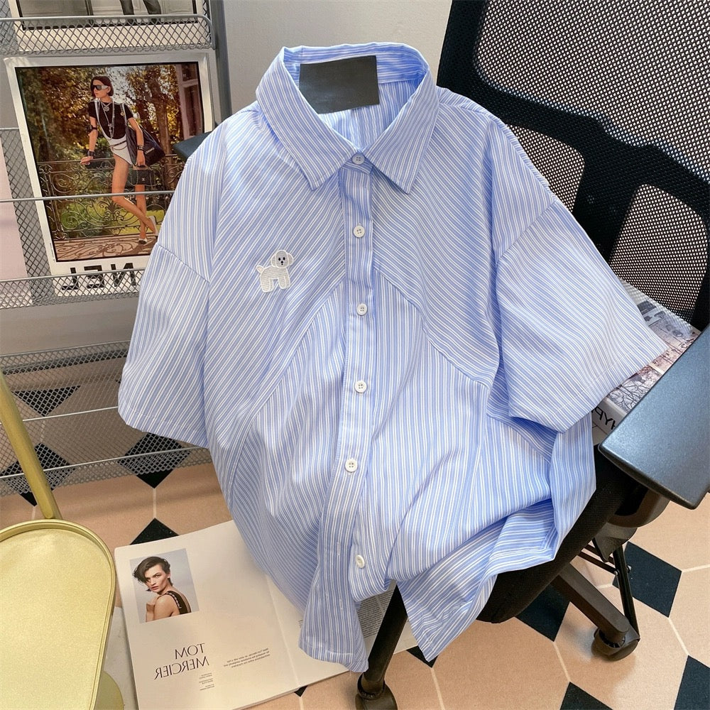 Japanese retro blue and white striped dog short-sleeved shirts for men and women summer chic Hong Kong style oversize shoulder tops