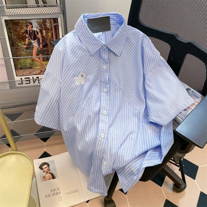 Japanese retro blue and white striped dog short-sleeved shirts for men and women summer chic Hong Kong style oversize shoulder tops