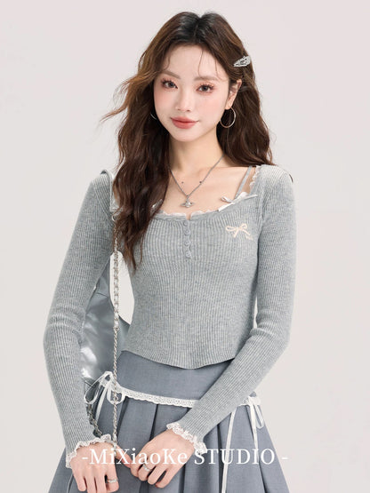 Mi Xiaoke sweet hot girl square collar sweater female autumn design niche slim fit long sleeve top small size