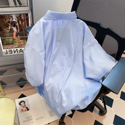 Japanese retro blue and white striped dog short-sleeved shirts for men and women summer chic Hong Kong style oversize shoulder tops