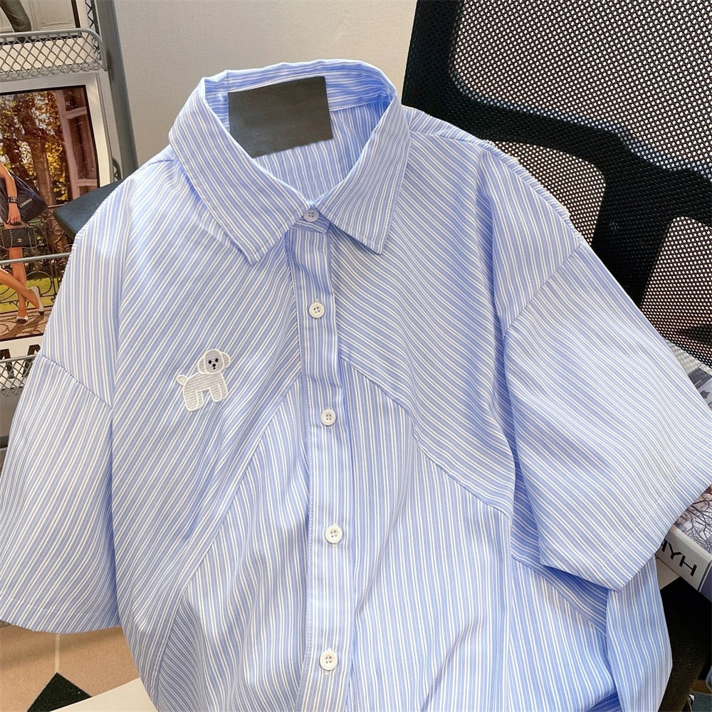 Japanese retro blue and white striped dog short-sleeved shirts for men and women summer chic Hong Kong style oversize shoulder tops