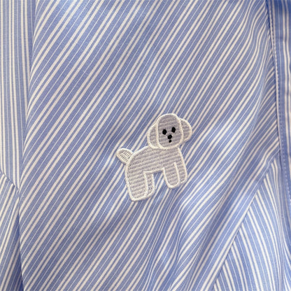 Japanese retro blue and white striped dog short-sleeved shirts for men and women summer chic Hong Kong style oversize shoulder tops