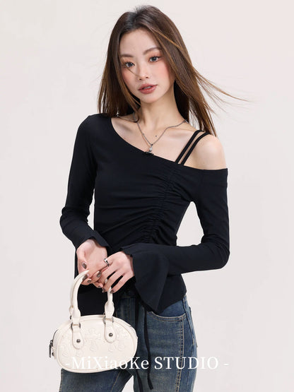 Mi Xiaoke American hot girl sexy off-shoulder drawstring t-shirt female early spring pure desire style pleated irregular top