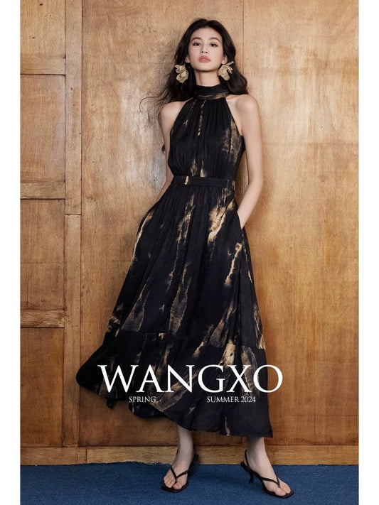 WANGXO｜Counter quality hibiscus satin with smooth luster｜Off-shoulder, halter neck, waist, wide swing, contrasting color dress for women
