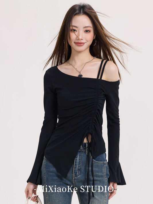 Mi Xiaoke American hot girl sexy off-shoulder drawstring t-shirt female early spring pure desire style pleated irregular top