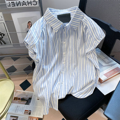 Japanese style small fresh retro blue and white striped short-sleeved shirts for men and women in summer loose front shoulder slim small flying sleeve tops