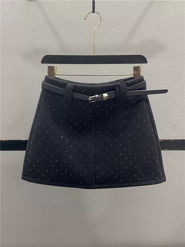 Stylish Rhinestone Wool Skirt for Women, 2025 Autumn/Winter New Style, Fleece-lined, Thickened, Slimming, Versatile A-line Bodycon Mini Skirt