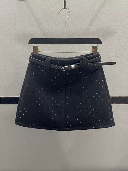 Stylish Rhinestone Wool Skirt for Women, 2025 Autumn/Winter New Style, Fleece-lined, Thickened, Slimming, Versatile A-line Bodycon Mini Skirt