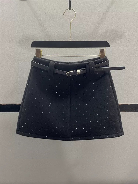 Stylish Rhinestone Wool Skirt for Women, 2025 Autumn/Winter New Style, Fleece-lined, Thickened, Slimming, Versatile A-line Bodycon Mini Skirt
