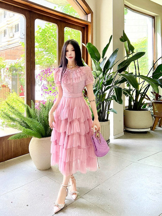 Summer women's clothing 2025 new waist cake long skirt high-end exquisite temperament super beautiful mesh dress