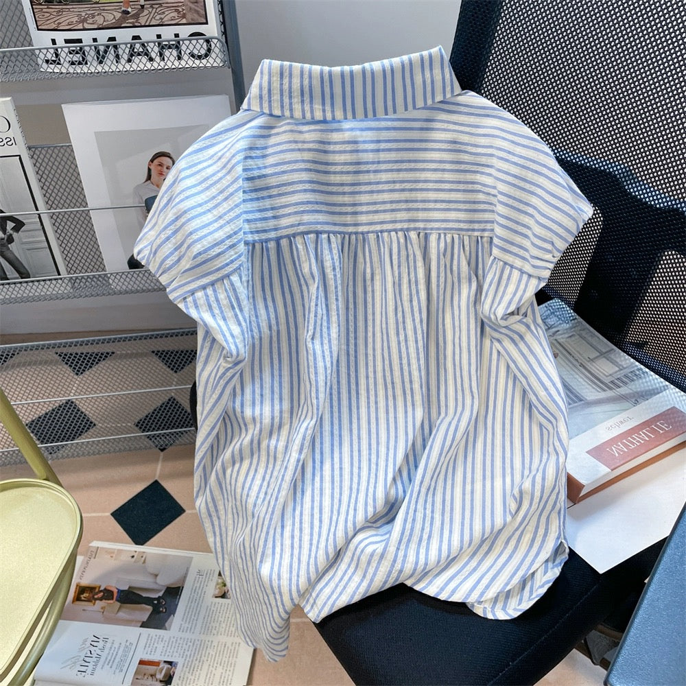 Japanese style small fresh retro blue and white striped short-sleeved shirts for men and women in summer loose front shoulder slim small flying sleeve tops