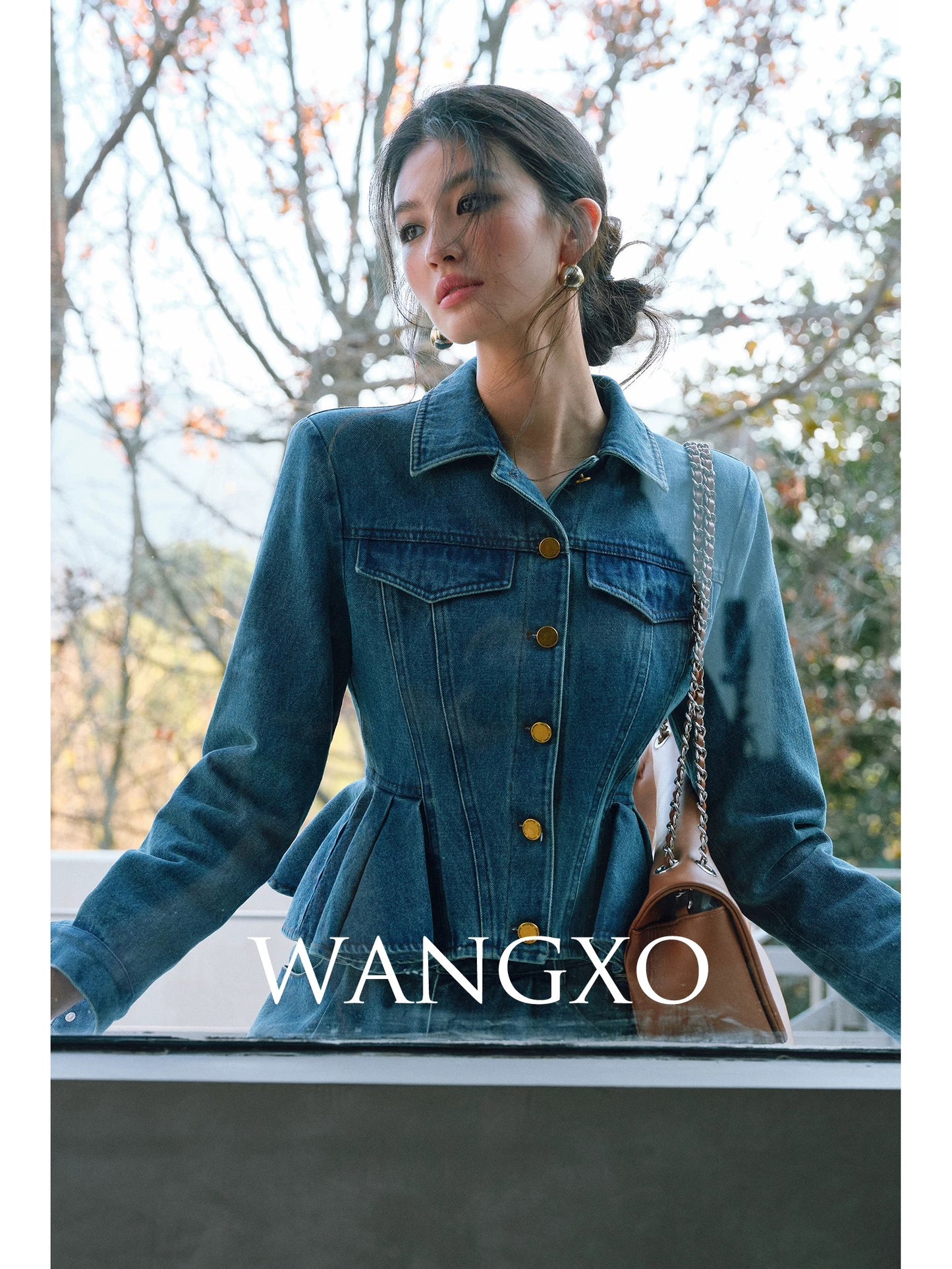 WANGXO｜Word of mouth upgrade｜Flexible cotton denim｜Retro pictorial style lotus leaf hem top & straight pants