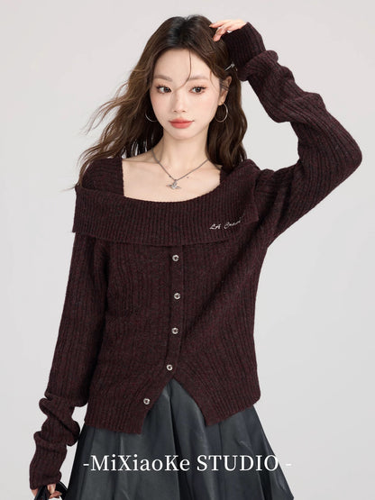 Mi Xiaoke French lapel one-shoulder sweater for women autumn and winter design slim sweater inner wear bottoming top