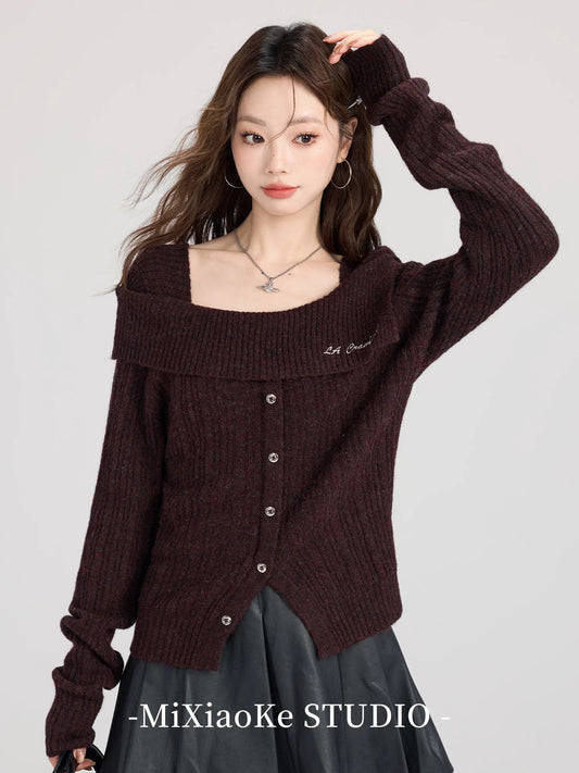 Mi Xiaoke French lapel one-shoulder sweater for women autumn and winter design slim sweater inner wear bottoming top