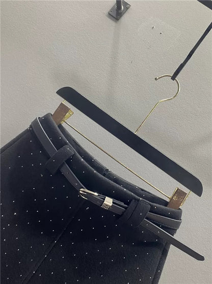 Stylish Rhinestone Wool Skirt for Women, 2025 Autumn/Winter New Style, Fleece-lined, Thickened, Slimming, Versatile A-line Bodycon Mini Skirt