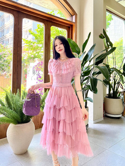 Summer women's clothing 2025 new waist cake long skirt high-end exquisite temperament super beautiful mesh dress