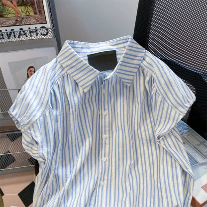 Japanese style small fresh retro blue and white striped short-sleeved shirts for men and women in summer loose front shoulder slim small flying sleeve tops