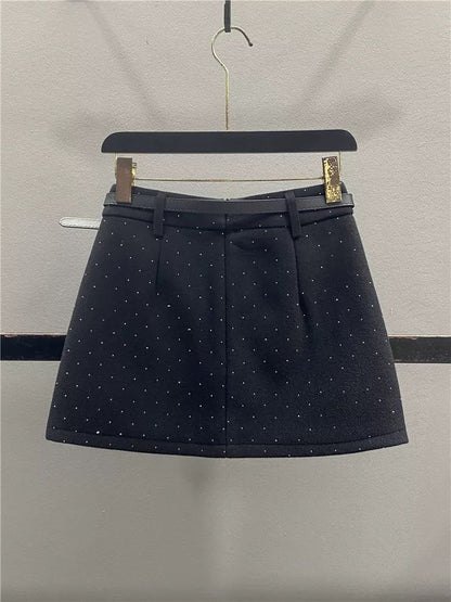 Stylish Rhinestone Wool Skirt for Women, 2025 Autumn/Winter New Style, Fleece-lined, Thickened, Slimming, Versatile A-line Bodycon Mini Skirt