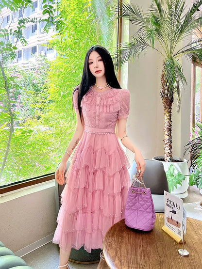 Summer women's clothing 2025 new waist cake long skirt high-end exquisite temperament super beautiful mesh dress