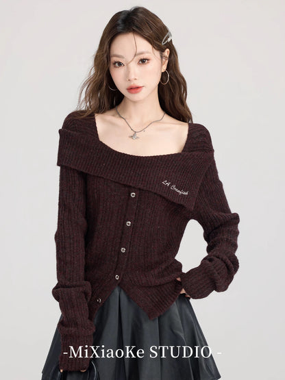 Mi Xiaoke French lapel one-shoulder sweater for women autumn and winter design slim sweater inner wear bottoming top