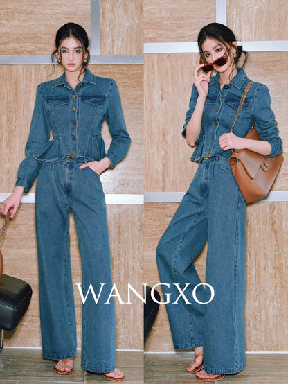 WANGXO｜Word of mouth upgrade｜Flexible cotton denim｜Retro pictorial style lotus leaf hem top & straight pants
