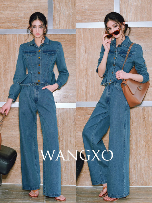 WANGXO｜Word of mouth upgrade｜Flexible cotton denim｜Retro pictorial style lotus leaf hem top & straight pants