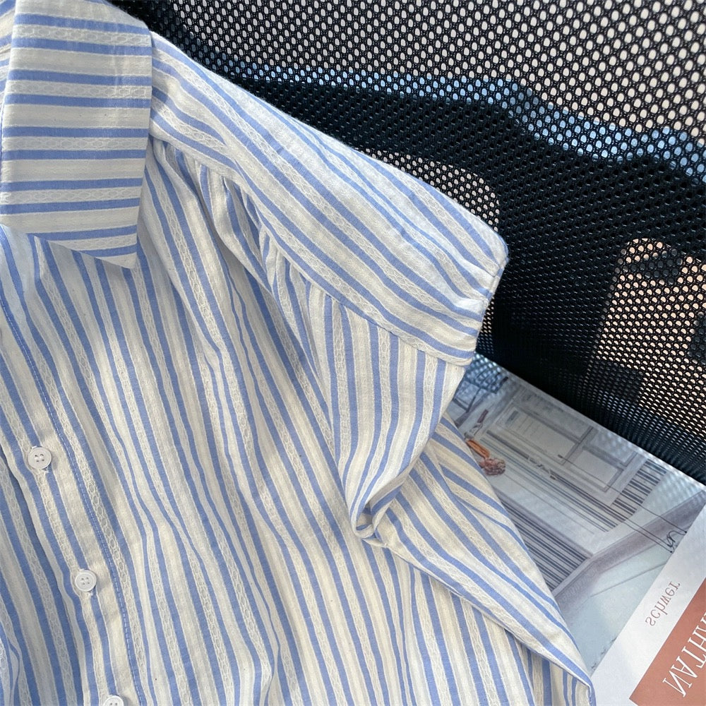 Japanese style small fresh retro blue and white striped short-sleeved shirts for men and women in summer loose front shoulder slim small flying sleeve tops