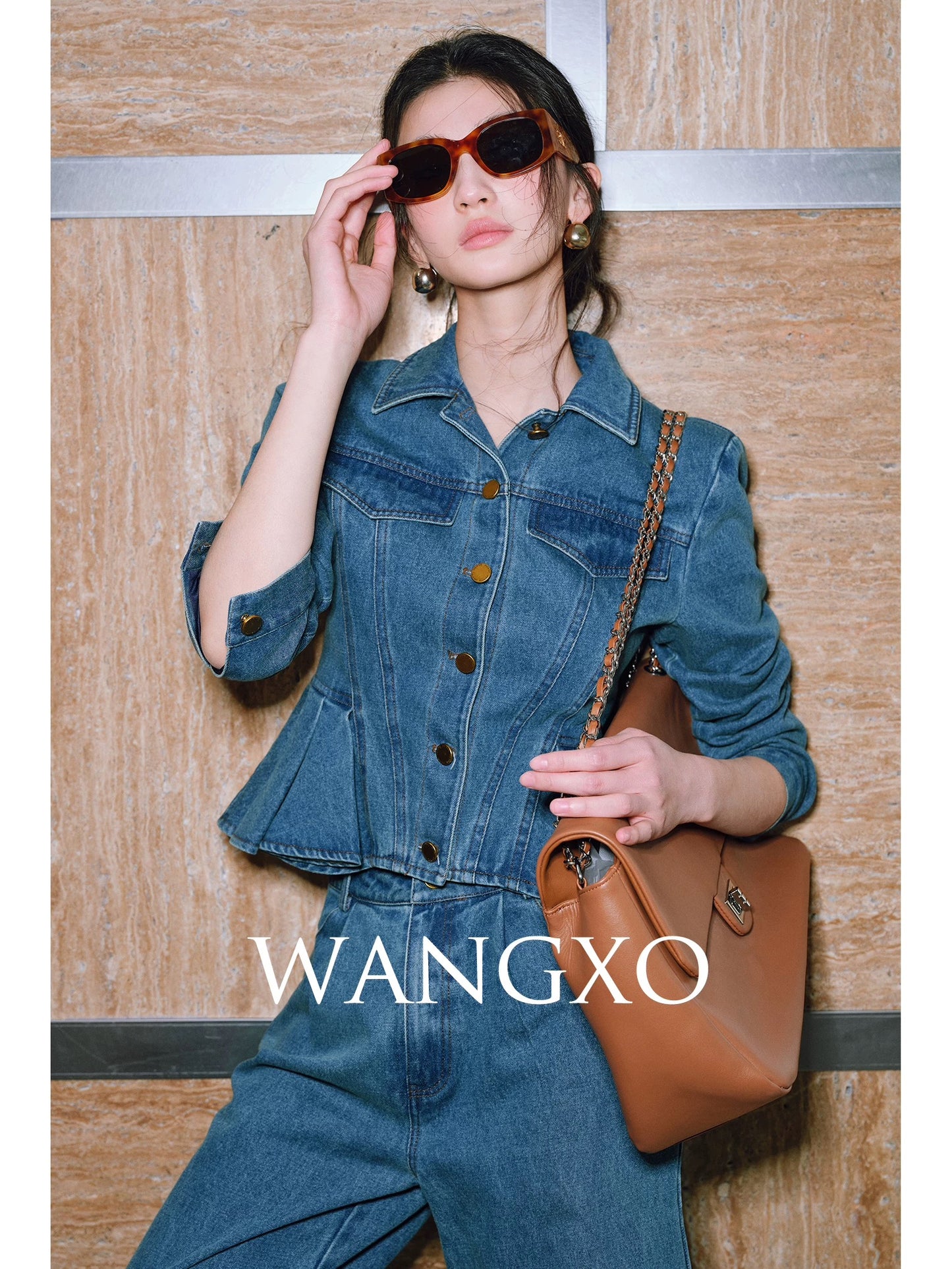 WANGXO｜Word of mouth upgrade｜Flexible cotton denim｜Retro pictorial style lotus leaf hem top & straight pants