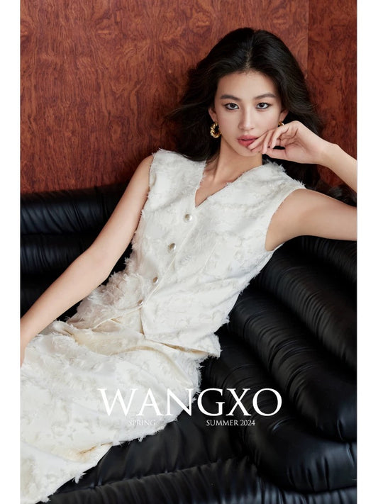 WANGXO｜Fringed jacquard texture｜Reshaping oriental aesthetics｜V-neck vest high waist skirt suit